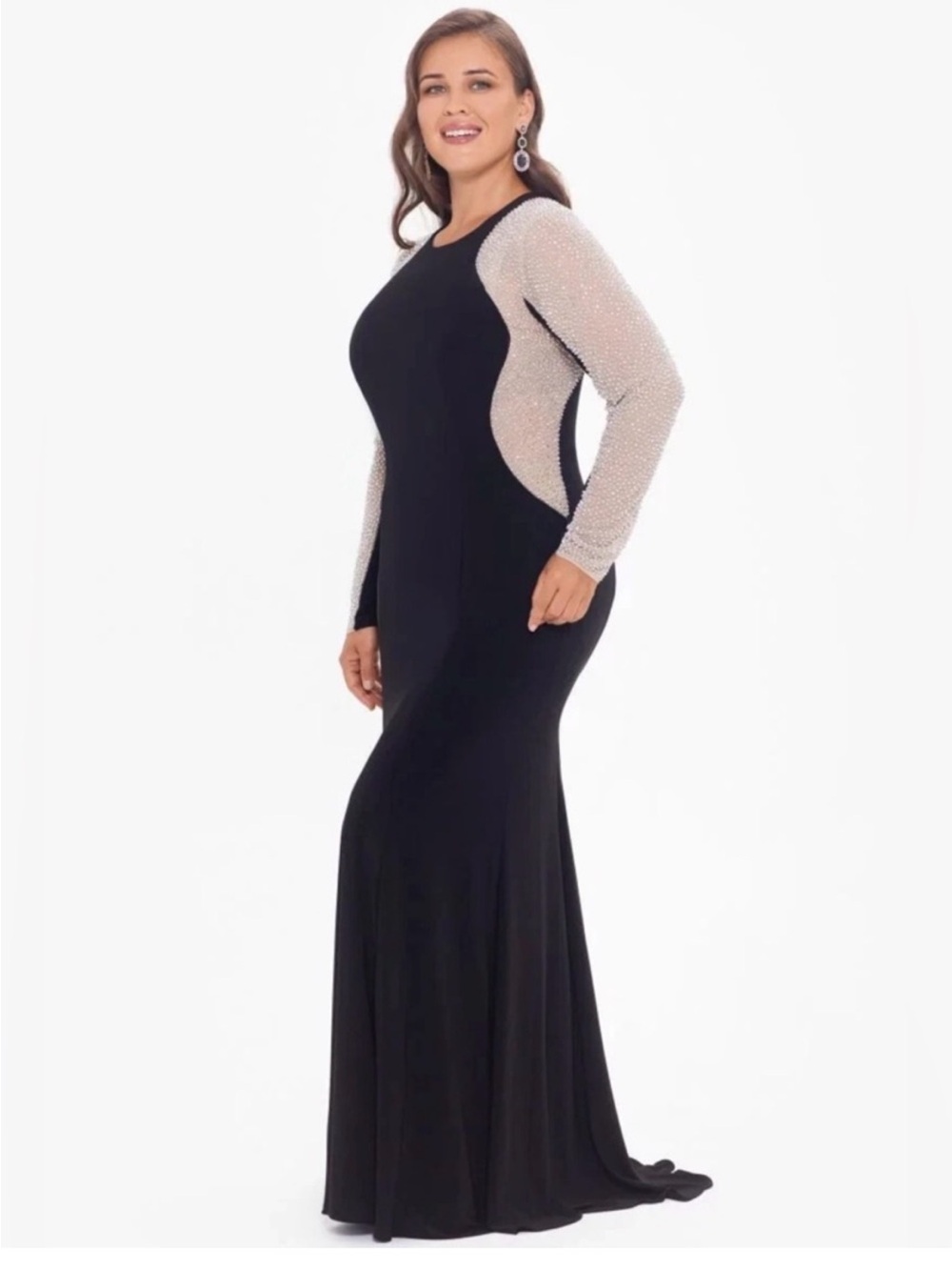 Xscape Black Hourglass Evening Gown with Crystal-Embellished White Sleeves 22W